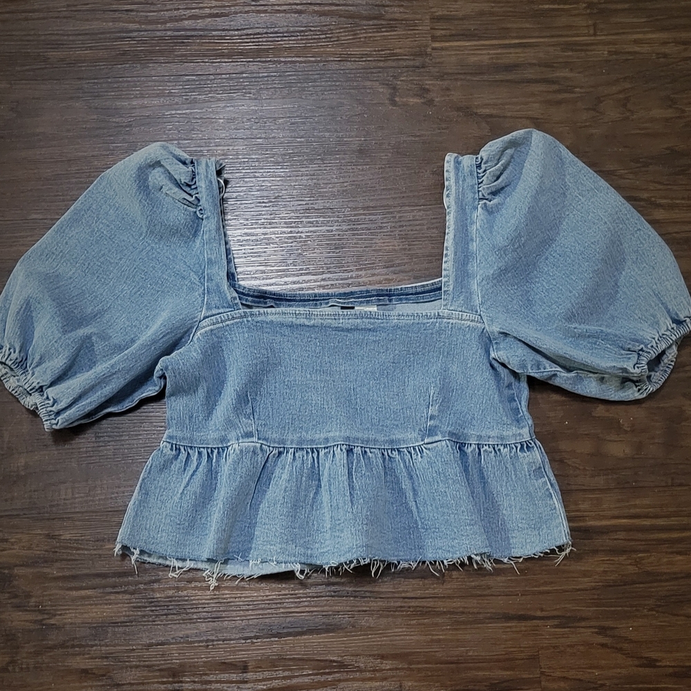 H&M Blue Puff Sleeve Crop Blouse